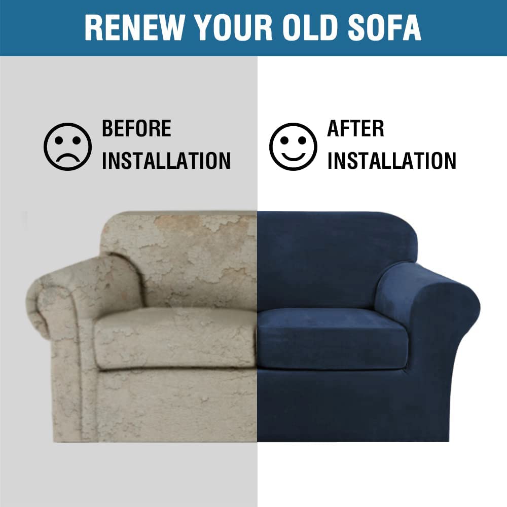 H.VERSAILTEX Real Velvet Plush 3 Piece Stretch Sofa Covers Couch Covers for 2 Cushion Couch Loveseat Covers Width Up to 72 Inch Feature Thick Soft Stay in Place (Medium Sofa, Navy) H.VERSAILTEX