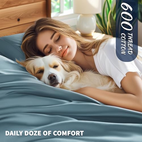 Shilucheng 100% Cotton King Size Sheets Set - 600 Thread Count，Luxury Egyptian Cotton Bed Sheets，5-Star Hotel Quality Sheets, Breathable & Cooling, 16 Inch Deep Pocket - 4 Piece (French Blue, King) Shilucheng