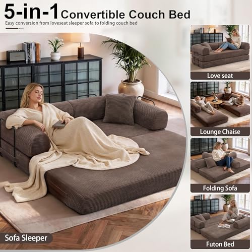 JJJ 63 inch Sofa Bed 4-in-1 Boneless Convertible Corduroy Sleeper Folding Couch with Fixed-Shape Frame and 2 Futons No Assemble Required 3 Seater Upholstered for Living Room (Brown, 63 inch) JJJ