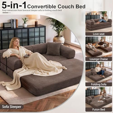 JJJ 63 inch Sofa Bed 4-in-1 Boneless Convertible Corduroy Sleeper Folding Couch with Fixed-Shape Frame and 2 Futons No Assemble Required 3 Seater Upholstered for Living Room (Brown, 63 inch) JJJ