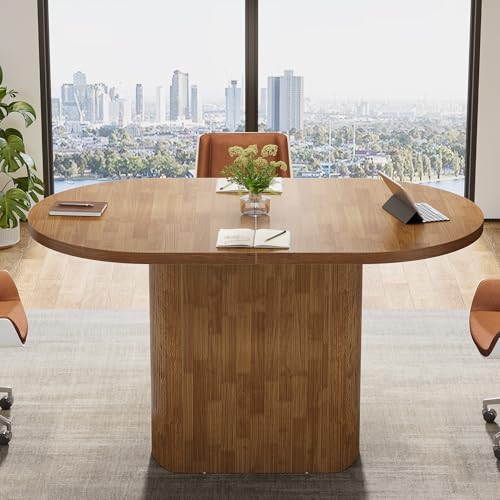 Tribesigns Oval Conference Table 47.24 Inches for 4 People, Rustic Wood Meeting Table with Polygon Base, Small Office Desk for Break Room, Seminar, Brown Tribesigns