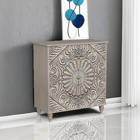 COSIEST 32" W Sideboard Buffet Cabinet with Storage, Accent Cabinet with 2 Push-to-Open Magnetic Doors, Vintage MDF Buffet Table for Living Room, Kitchen, Hallway (Gray,Flower Pattern) COSIEST