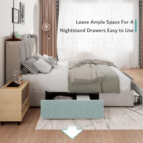 iPormis Modern Upholstered Queen Bed Frame with 4 Storage Drawers and Charging Station - WoodArtSupply