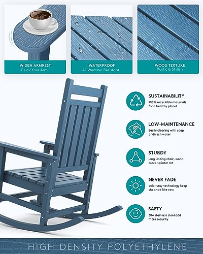 SERWALL Oversized Rocking Chair, Outdoor Rocking Chair for Adults, All Weather Resistant Porch Rocker for Lawn Garden, Blue - WoodArtSupply