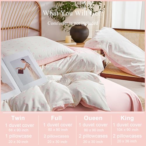 CCoutueChen 100% Cotton Duvet Cover Queen Pink Bow Bedding Set for Girls Kids Cute Bowknot Duvet Cover Set, Soft Comfy 3 Pieces, 2 Pillowcases, Zipper Closure CCoutueChen