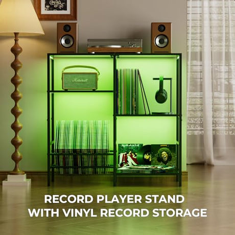 Record Player Stand with LED Light, Turntable Stand with Vinyl Storage - Up to 300+ Albums, 3-Tier Record Player Table Cabinet, Adjustable Shelf & V-Shaped Holder, Vinyl Display Shelf for Living Room Nidouillet