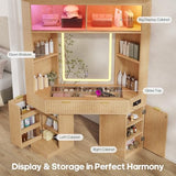 HAUOMS Corner Vanity, with Bag Showcase, LED Lights, Fluted Wood Luxury Makeup Vanity Desk with Mirror, Big Dressing Table with Glass Top, Cabinets, Shelves, Drawers, Charging Station (Oak) HAUOMS