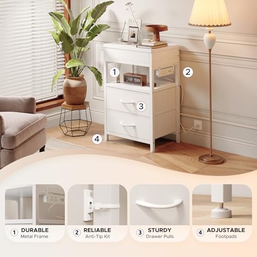 Nightstand Bedside Table Hidden Drawer - Night Stand with Charging Station and Sliding Top Storage, Bed Side Table with 2 Fabric Drawers, Modern Nightstand for Bedroom Dorm Living Room, White Lazzanto