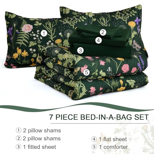 Yiran Floral Full Size Comforter Set, 7 Piece Dark Green Comforter Bedding Set, Spring Bed in a Bag Botanical Flowers Pattern, Soft Lighrweight Complete Comforters with Sheets for Women Yiran