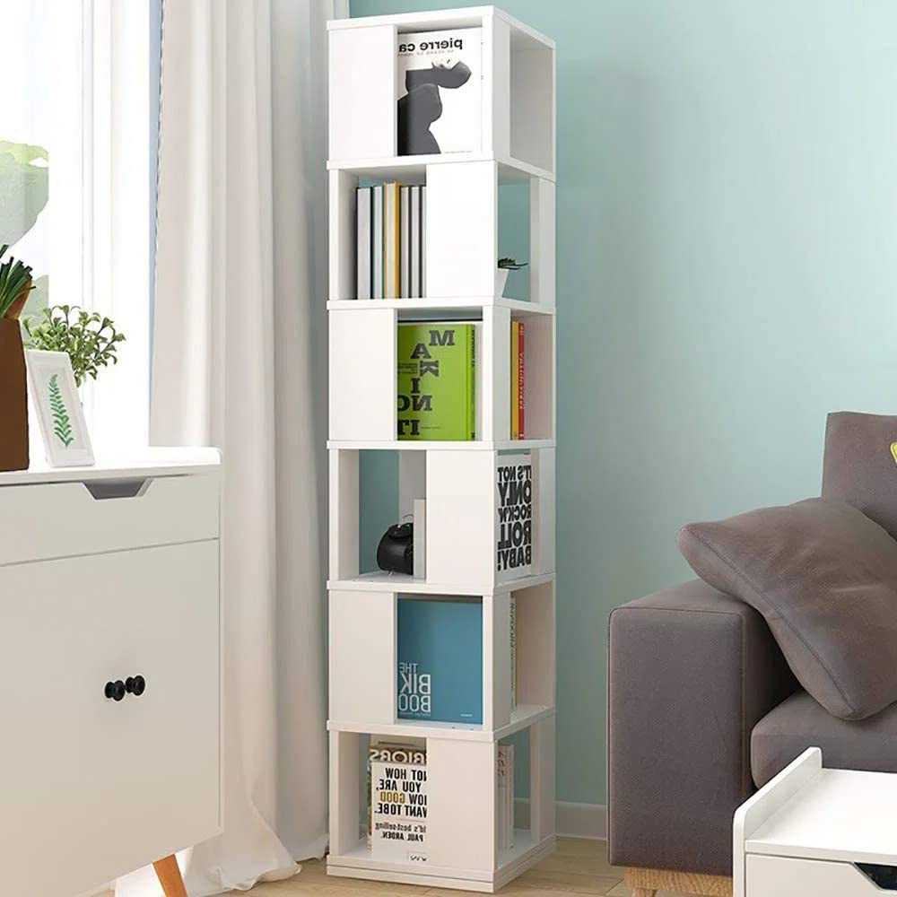 Saadiya 6-Tier 360° Rotating White Floor Standing Bookshelf for Small Spaces - WoodArtSupply