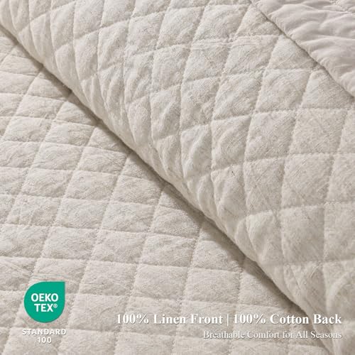 Grassix Linen Quilt Set King Size 3-Piece, 100% Linen Front & Cotton Back, Prewashed Diamond Stitch Bedspread with 2 Shams, Lightweight Breathable Quilt for Hot Sleepers, Modern Farmhouse Bedding Grassix