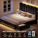 YITAHOME Queen Size Bed Frame with 4 Drawers and RGB LED Lights, Velvet Upholstered Platform Bed with Charging Station and Storage Headboard, No Box Spring Needed, Easy Assembly, Black YITAHOME