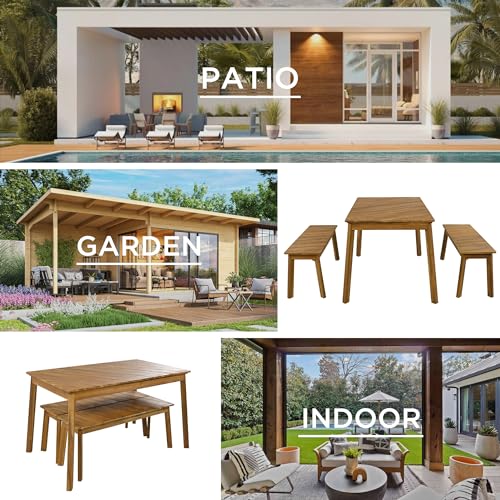 BAMOOLI 3 Pieces Patio Dining Set, Outdoor Acacia Wood Table and 2 Benches, Outdoor Dining Set Picnic Beer Table for Patiofor 4-6 People, All-Weather Picnic Conversation Set for Deck, Backyard, Garden BAMOOLI