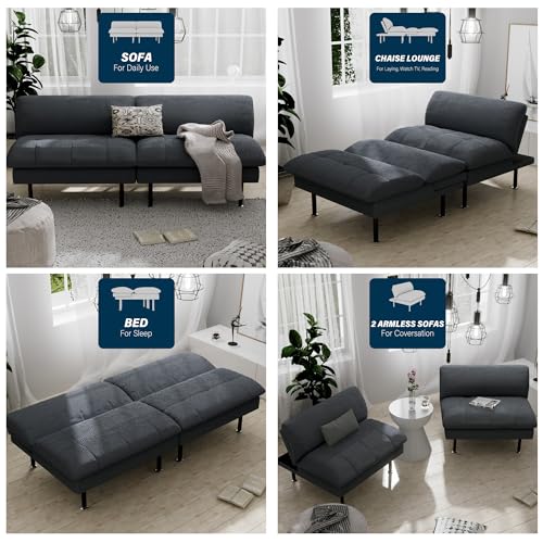 Ribilake 70" Futon Sofa Bed, 4 in 1 Multi-Function Couch Sleeper with Adjustable Backrest, Modern Convertible Futon, Recliner Small Loveseat for Living Room, Office, Grey Ribilake