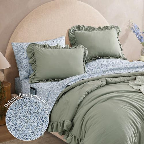 BLOOMHAVEN Full Comforter Set - 7 Pieces Ruffle Sage Green Bedding Sets, Shabby Chic Farmhouse Bed in a Bag Full with Ruffle Comforter, Floral Sheets, Pillowcases & Shams BLOOMHAVEN