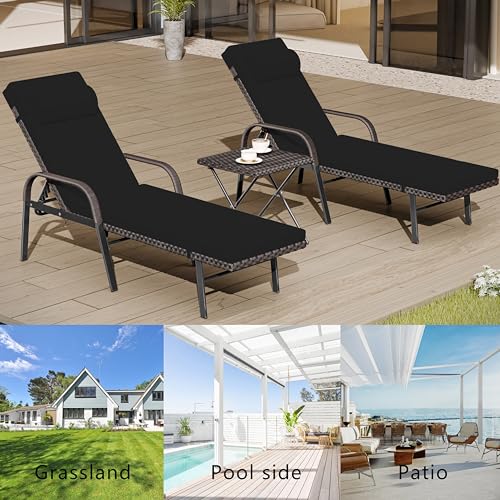 ASJMR Patio Chaise Lounge Set 3 Pieces Outdoor Lounge Chair with Rattan Adjustable Backrest Armrest and Folding Table for Beach Patio,Sand, for Poolside Backyard Porch