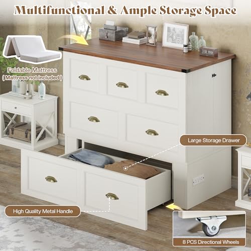 AMERLIFE Twin Size Murphy Bed, Farmhouse Wooden Cabinet with Charging Station and Storage Drawer for Bedroom/Office/Guest Room, White+Barnwood AMERLIFE