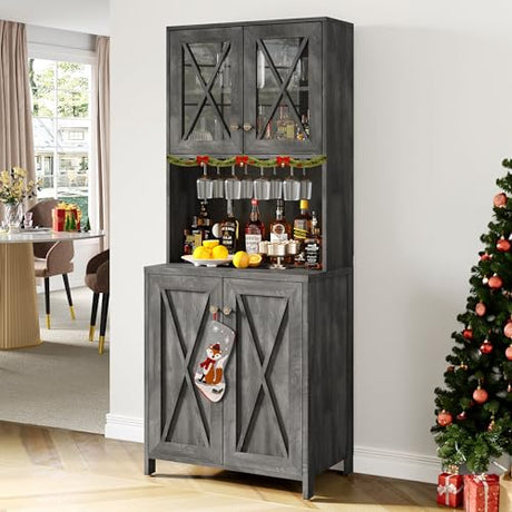 YITAHOME Farmhouse Bar Cabinet, 67" Tall Wine Bar Cabinet with for Wine Glass Rack, Home Bar Cabinet with Open Storage Shelves ＆ Glass Doors for Living Room, Hallway, Charcoal Grey YITAHOME