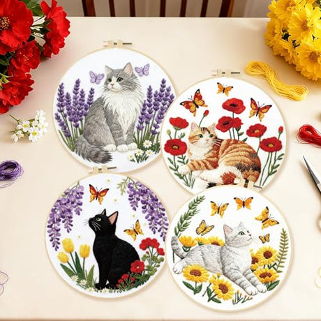 BEUNITONE 4 Set Embroidery Kit for Beginners, Cat and Butterfly Pre-Stamped Pattern Needlepoint Kits for Adults with Hoop and Instruction, Cute Hand Embroidery Patterns for Cloth and Home Decor BEUNITONE