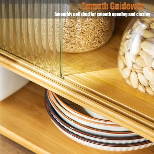 Bamboo Countertop Storage Cabinet with 2 Sliding Striped Glass Doors, Kitchen Cabinet Pantry Sideboard Freestanding Utility Cupboard for Spice Seasoning Bottles, Dish, Bowl (Wood Color) BuufuS