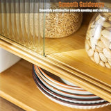 Bamboo Countertop Storage Cabinet with 2 Sliding Striped Glass Doors, Kitchen Cabinet Pantry Sideboard Freestanding Utility Cupboard for Spice Seasoning Bottles, Dish, Bowl (Wood Color) BuufuS