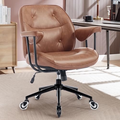 Home Office Desk Chair Retro Faux Leather Chair with Lumbar Support &Rubber Wheels, Mid Back Ergonomic Computer Chair Swivel Rolling Work Chair Coolka