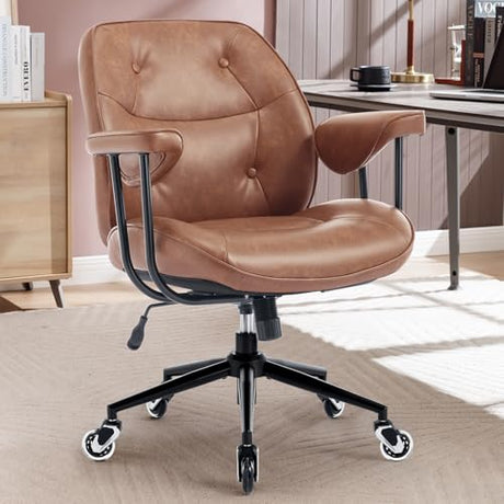 Home Office Desk Chair Retro Faux Leather Chair with Lumbar Support &Rubber Wheels, Mid Back Ergonomic Computer Chair Swivel Rolling Work Chair Coolka