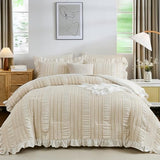Beige Comforter Set Full Size 7 Pieces, Boho Tufted Ruffle Bed in a Bag, Seersucker Textured Bedding Set for Girls 90"×78" WONGS BEDDING