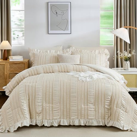 Beige Comforter Set Full Size 7 Pieces, Boho Tufted Ruffle Bed in a Bag, Seersucker Textured Bedding Set for Girls 90"×78" WONGS BEDDING