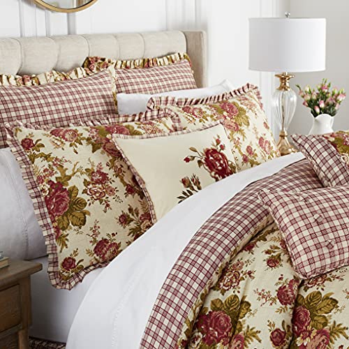 Waverly Norfolk 4-Piece 100% Cotton Comforter Set - King Red Floral Prints, with 2 Shams & 1 Bedskirt Waverly