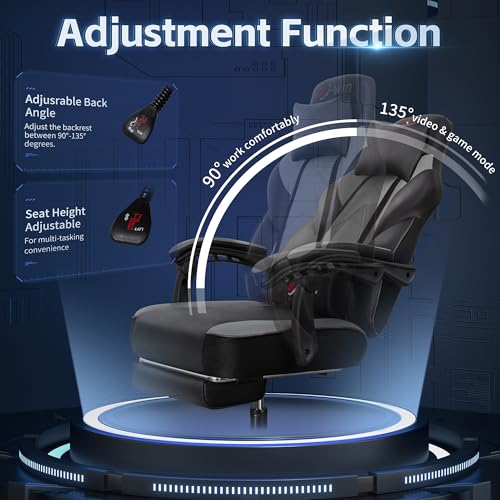 DL-win Gaming Chairs for Adults, Computer Chair with Footrest and High Back, Big and Tall Gamer Chair's with Massage Lumbar Support, 360° Swivel Height Adjustable Gaming Chair, Grey DL-win