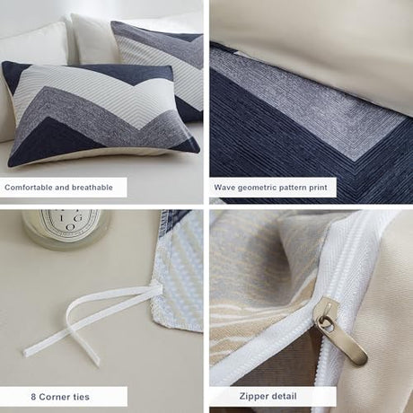 BOLINLIVING Wavy Striped Queen Duvet Cover Set, Blue Geometric Zipper Duvet Cover 104"x90" with 2 Pillow Sham 20"x36", 3 Pieces Soft Breathable Single Bedding Sets with 4 Corner Ties BOLINLIVING
