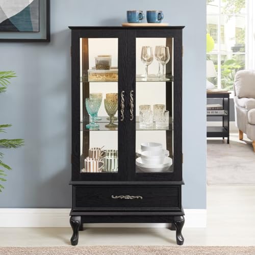 51.58" Lighted Curio Cabinet with Glass Doors and Adjustable Shelves 2 Door Wine Cabinet Display Curio Cabinet with LED Lights Light Black Finish and Drawer for Home Decor and Storage, Black JIJIWANG