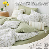 LEMIROE Botanical Cotton Comforter Queen Size - Tender Green Comforter Printed with Leafy Branches & Purple Stamens on Off-White,Reversible Lightweight Bedding Sets 3Pcs LEMIROE
