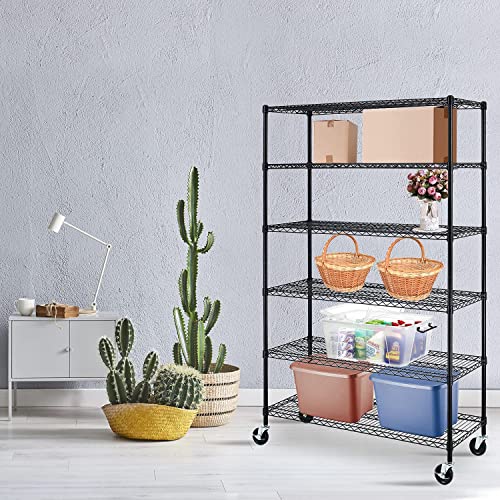 Garage Shelving, 78"x48"x18" Metal Shelves 6 Tier Wire Shelving Unit Adjustable Heavy Duty Sturdy Steel Shelving Rolling Cart with Casters for Pantry HCY