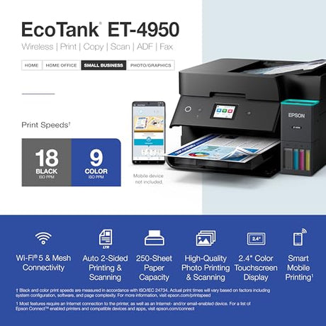 Epson EcoTank ET-4950 Wireless All-in-One Color Supertank Printer with up to 3 Years of Ink Refillable Tanks, Perfect for Home, 18 PPM, 2.4" Colorful Touchscreen, Auto Document Feeder - Black Epson