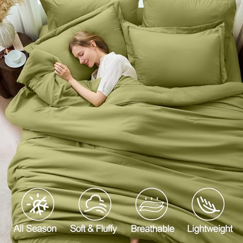 FUANNA Queen Comforter Set Olive Green, 7 Pieces Soft Bedding Sets Queen Size, All Season Lightweight Bed in a Bag with Comforter, Flat Sheet, Fitted Sheet, Pillowcases & Shams FUANNA