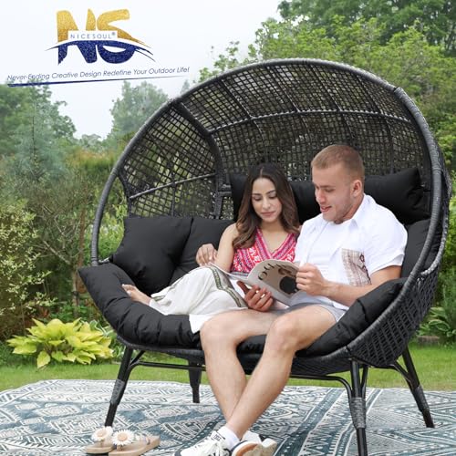 NICESOUL® Double Egg Chair Indoor Outdoor Stationary Oversized Thicken Padded Cushions,2 Person Egg Loveseat Chair,680 lbs Extra Large Lounge Chair for Patio Balcony Porch Backyard Gray NICESOUL