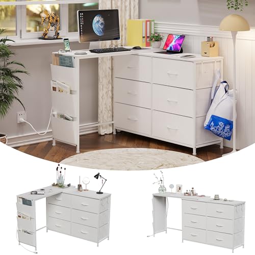 Simoretus Modern Corner Vanity Desk with 6 Fabric Drawers Power Outlet Side Pocket L Shaped Drawers Makeup Desk Dressing Table for Girls Women Bedroom (White) Simoretus