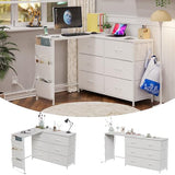 Simoretus Modern Corner Vanity Desk with 6 Fabric Drawers Power Outlet Side Pocket L Shaped Drawers Makeup Desk Dressing Table for Girls Women Bedroom (White) Simoretus