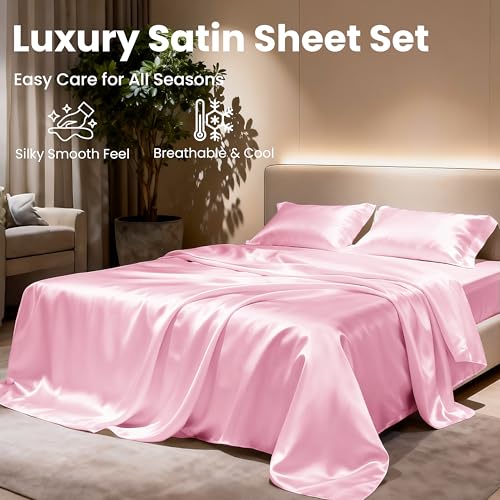 Love's cabin Twin XL Satin Sheet Sets - 3 Piece Pink Silky Bed Sheets with Deep Pockets, Luxury Silk Feel Satin Sheet Set Twin XL (1 Flat Sheet,1 Fitted Sheet,1 Pillow case) Love's cabin