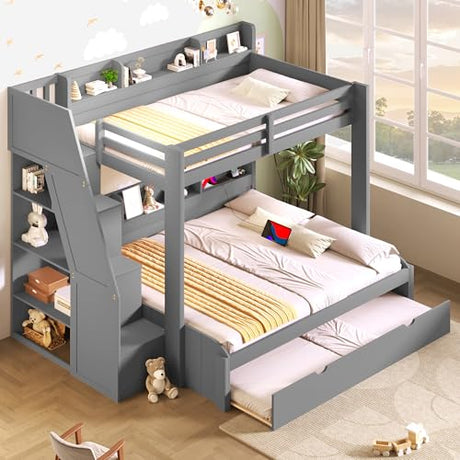 Merax Twin Over Full Bunk Bed Frame with Trundle & Storage Staircase, Wood Platform Bed with Storage Shelves & Guardrail & Charging Station for Bedroom Dorm Guest Room, No Box Spring Needed, Gray Merax
