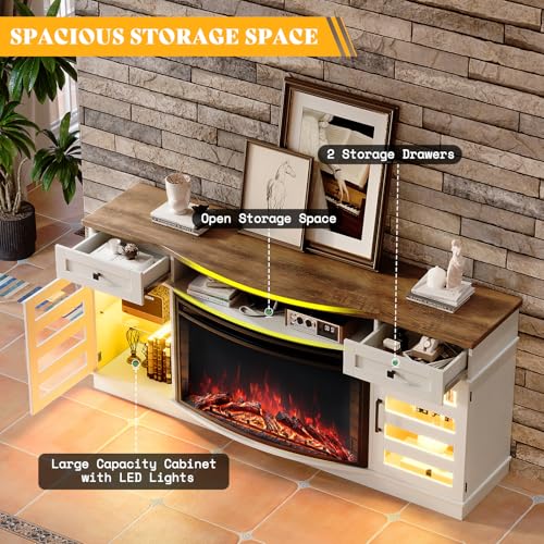 LUXOAK 70" Farmhouse Curved Fireplace TV Stand, LED Light Entertainment Center Table with 36'' Upgrade Electric Fireplace TV Console Cabinet for TVs Up to 80", Antique White Barnwood LUXOAK