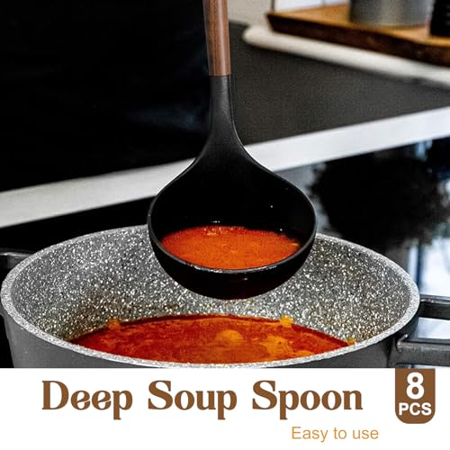 Silicone Cooking Utensil Set, Umite Chef 8-Piece Kitchen Set with Natural Acacia Wooden Handles,Food-Grade Silicone Heads-Silicone Kitchen Gadgets Spatulas Set for Nonstick Cookware- Black Umite Chef