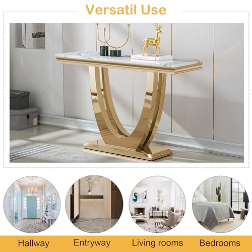 Goujxcy 47"" Marble Console Table Luxury Gold Sofa Table with Geometric U-Shape Stainless Steel Pedestal Modern Long Console Sofa Table White Marble Entryway Hall Table for Living Room Hallway Goujxcy