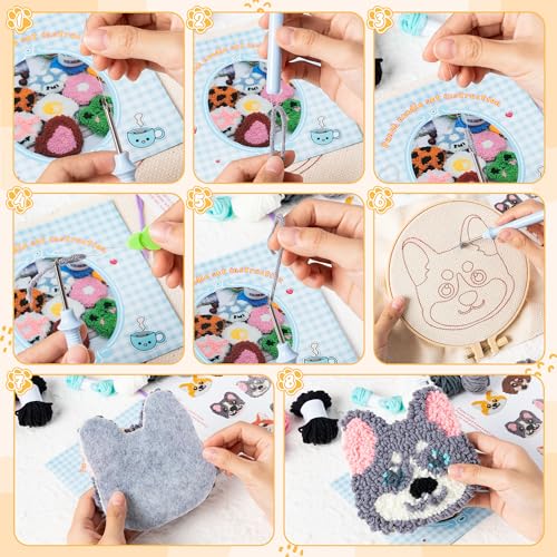 WATINC Puppy Punch Needle Coaster Kit - 6 Patterns Dog Punch Needle Embroidery Craft Kit, DIY Felting Coaster for Adults Beginners with Adhesive Yarns Fabric Felt Hoop Tools Instruction