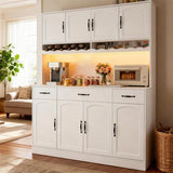 AXCIGOC 72" Tall Kitchen Pantry Cabinet with Charging Station 55" Wide Kitchen Hutch Cabinet with LED Light and Countertop Large Kitchen Pantry Storage Cabinet With Adjustable Shelves and Wine Rack AXCIGOC