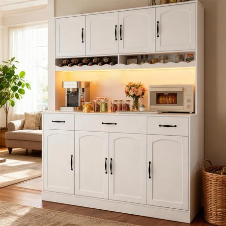 AXCIGOC 72" Tall Kitchen Pantry Cabinet with Charging Station 55" Wide Kitchen Hutch Cabinet with LED Light and Countertop Large Kitchen Pantry Storage Cabinet With Adjustable Shelves and Wine Rack AXCIGOC