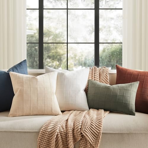 ZeeMart Linen Checked Throw Pillow Covers Set of 2, 18x18 Inch White/Natural White, Farmhouse Decorative Single Sided Grid Embroidered Couch Pillow Cases Cotton Linen Cushion Covers ZeeMart