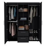 Quarte Modern 4-Door Wardrobe with 2 Drawers, Shelves and 2 Clothing Rods, Freestanding Armoire Wardrobe Closet, Clothes Storage Cabinet Organizer for Bedroom (Black/4-door) Quarte